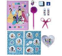 CARTOON Diario segreto per bambini con accessori, Disney, maxi set, penna, adesivi, glitter, timbri, forbici, lucchetto con 2 chiavi (Principesse)