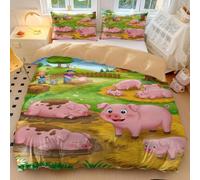 Cartoon Farm - Set di biancheria da letto in microfibra, motivo: maialino rosa e amici, con 2 federe (stile 1, singolo: 135 x 200 cm + 65 x 65 cm x 2)