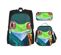 Cartoon Frog zaino borsa da viaggio personalizzata con borsa per il pranzo astuccio astuccio set di 3 pezzi, Nero , Taglia unica, Zaini Daypack