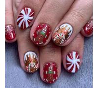Cartoon Gingerbreads Man Unghie Finte Candy House Full Covers Stick On Nails Natale Press On Nails Per Donna Ragazze