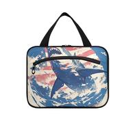 Cartoon Great White Fish Sea Blue Hanging Makeup Bag con scomparti con gancio, designer Essentials borsa da toilette impermeabile per gli elementi essenziali per le donne bagno bolsa para guardar