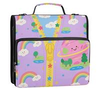 Cartoon Rainbow World Inside The Zipper 3 Rings Zipper Binder Organizer with Shoulder Strap Includes Zip Pocket Portfolio Organizer for Office School Bolsa de Cremallera