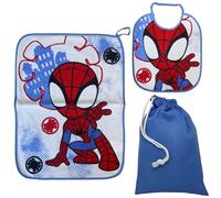 CARTOON Set asilo 3 pezzi, bavaglino e tovaglietta con retro plastificato, sacca, completo per il pranzo (Spidey (1))