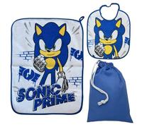 CARTOON Set asilo 3 pezzi, bavaglino e tovaglietta con retro plastificato, sacca, completo per il pranzo (Sonic)