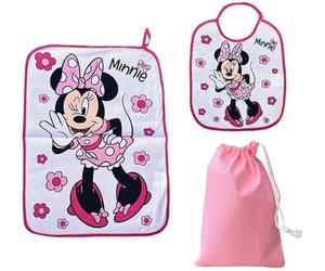 CARTOON Set asilo 3 pezzi Minnie, Disney, bavaglino e tovaglietta con retro plastificato, sacca, completo per il pranzo
