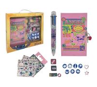 CARTOON Set Diario Segreto con Lucchetto e Accessori Kit Creativo Bambina con Penna 6 Colori Stickers Washi Tape Timbri e Stencil Idea Regalo Originale (Stitch)