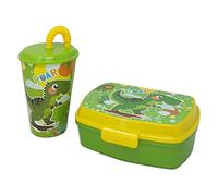 CARTOON Set Merenda Bambini Dinosauri con Lunch Box Portamerenda e Bicchiere con Cannuccia 430 ml Contenitore Snack per Scuola Asilo Gite e Pic Nic Idea Regalo Bambino