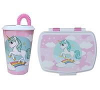 CARTOON Set pranzo per bambini 2 pezzi, bicchiere e portamerenda in plastica riutilizzabile senza BPA, bicchiere con cannuccia 430 ml e contenitore portapranzo (Unicorno)