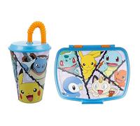 CARTOON Set pranzo per bambini 2 pezzi,per Pokemon fan, bicchiere e portamerenda in plastica riutilizzabile senza BPA, bicchiere con cannuccia 430 ml e contenitore portapranzo