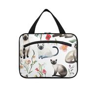 Cartoon Siamese Cats Bianco Appeso Custodia da viaggio per articoli da toeletta con gancio, Designer Pieghevole Makeup Bag per auto per Viaggi Essentials Bagno Bolsa de maquillaje para Mujer L