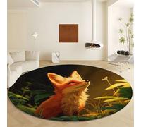 Cartoon Style Forest Animals Fox Round Area Rug Diameter 90 cm, Machine Washable Soft Non-Slip Green Carpet - Short Pile Stain Resistant Print Rug for Living Room Bedroom Dining Room Home Decor
