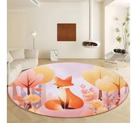 Cartoon Style Forest Animals Fox Washable Round Rugs Diameter 80 cm, Soft Shaggy Low-Pile Indoor Carpet - Non Slip Coral Area Rug for Living Room Bedroom Playroom Dining Room