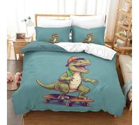 Cartoon T-Rex Set Copripiumino Aiuto Per Il Sonno, Calore Per Dormire Biancheria Da Letto, Dinosauro Skate Club Set Di Biancheria Da Letto Double（200x200cm）