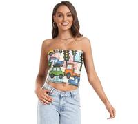 Cartoon Traffic Vehicles Donne Crop Top Senza Maniche Tubo Top Camicia Senza Spalline Top per Teen Casual, Colorato, L