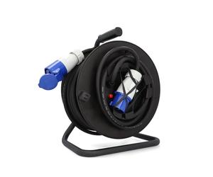 cartrend Explorer - Avvolgicavo CEE con 1 spina CEE e 1 accoppiamento CEE, cavo di prolunga per un uso duraturo in campeggio e all'aperto, con freno di stazionamento, IP44, 25 m, colore: Nero