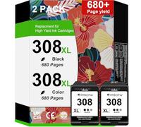 Cartuccia a colori 308XL 308, compatibile con stampanti HP 308e, compatibile con HP Envy 6110e, 6120e, 6122e, 6130, 6132e, 6532e (2 nero)