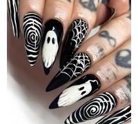 Carufin 24 Pz A Strisce Ragno Web Falso Chiodo Halloween Fantasma Viso Pipistrello Falso Chiodi Stampa Lunga Su Unghie per le Donne (A, 24)