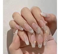 Carufin 24 Pz Bianco Graduale Lungo Coffin Nail Shining Strass Carino Nude Rosa Fake Nails Stampa su Unghie Balletto Unghie False per le Donne Ragazze (C)