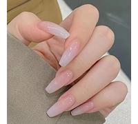 Carufin 24 Pz Bianco Graduale Lungo Coffin Nail Shining Strass Carino Nude Rosa Fake Nails Stampa su Unghie Balletto Unghie False per le Donne Ragazze (B)