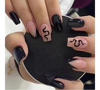 Carufin 24 Pz Nero Bevel Francese Serpente Falsi Unghie Diablo Stile Acrilico Falso Nail Amore Cuore Stampa Artificiale su Unghie per le Donne Ragazze (B)