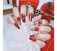 Carufin 24 Pz Neve Albero di Natale Checker Rosa Linea Francese Unghie False Acrilico Nail Pressa su Unghie Balletto Unghie False per Donne Ragazze (E)