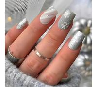 Carufin 24 Pz Stampa di Natale sulle Unghie Brevi Unghie False Rosso e Bianco Strisce Acriliche Unghie Carino Elk Fiocco di Neve Copertura Completa Unghie False Xmas Nail (D)
