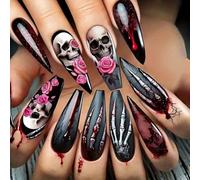 Carufin Gotico Halloween cranio unghie arte disegni, unghie lunghe Stiletto premere, scheletro e rose modelli 3 stili per le donne (C)