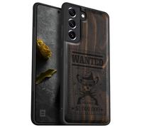 Carveit Cover Compatibile per Samsung S22 Custodia Naturale Legno [Unico Estetico Lnciso a laser] Robusto Antiurto TPU per Galaxy S22 5G Case (Legno nero-Teschio Fuorilegge Ricercato)