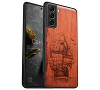 Carveit Custodia Compatibile con Galaxy S22 Cover Legno con TPU Silicone Hybrid Case per Samsung S22 Custodia Bumper Anti Urto Protezione (Rosea-Vecchia barca a vela)