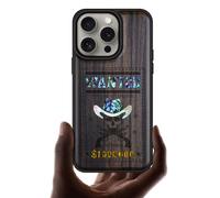 Carveit Custodia Compatibile MagSafe per iPhone 15 Pro Cover, Incisione in Legno e intarsio di cozze per Apple 15 Pro Custodia Magnetico Case (Legno nero-Teschio Fuorilegge Ricercato)