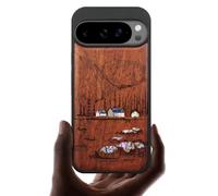 Carveit Custodia in Legno Per Google Pixel10/Pixel 10 Pro Cover avec Magnetico Incisione in legno e intarsio di cozze Compatibile MagSafe con Pixel 10/10 Pro Custodia (Rosea-Seen und Berge)