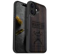 Carveit Custodia per 16 Cover Legno avec magnetico [Legno e Telaio in TPU] Case Antiurto Compatibile MagSafe con Apple 16 Custodia (Legno nero-Teschio Fuorilegge Ricercato)