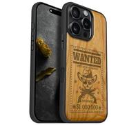 Carveit Custodia per 16 Pro Cover Legno avec magnetico [Legno e Telaio in TPU] Case Antiurto Compatibile MagSafe con Apple 16 Pro Custodia (Ciliegia-Teschio Fuorilegge Ricercato)