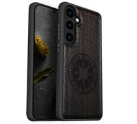 Carveit Custodia per Galaxy S24 Cover [Retro in Legno e Telaio in TPU] Shock in Silicone Protezione Compatibile con Samsung S24 Custodia (Legno nero-The Vegvissir of Viking)