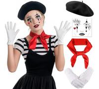CARxlythic Costume da carnevale da donna e uomo, 4 pezzi, costume da clown da donna, nero, pantomima, panno rosso, bianco, per ragazzi e ragazze