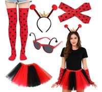 CARxlythic Costume Ladybug Bambina Set, 5 Pezzi Lady Bug Travestimenti Bambina Set Accessori, Tutu Gonna Calzini Lungi Guanti Senza Diti Fascia Occhiali da sole, Carnevale Costumi Bambini Ragazza