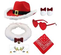 CARxlythic Set di 6 cappelli da cowgirl rossi, motivo: Babbo Natale, con tesa bianca, per feste occidentali e costumi di Natale da donna e da uomo