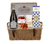 Casa 1919 | Cesto regalo gourmet | Spaghetti artigianali Alica 500 g | Vino bianco Lugana Ca’ dei Frati 750 ml | Passata di pomodoro 500 g | Mandorle tostate 30 g | Confezione natalizia