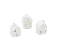 Casa a LED in ceramica bianca, 9 cm, set da 3 pezzi, decorazione per il villaggio di Natale con illuminazione in bianco caldo, decorazione per la casa d'inverno