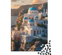Casa dalle Cupole Blu Egeo Puzzle 1000 Pezzi Gioco di Puzzle 1000 Pezzi Vista Costiera al Tramonto Carta per Adulti Relax Arredo Famiglia Regalo 38x26cm/1000pcs