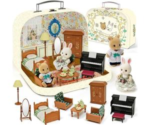 Casa de Muñecas Tipo Maletín Muebles Accesorios DIY en Miniatura con 2 Muñecos Flexibles Piano Muebles de Dormitorio Regalo Juguete para Niños y Niñas a Partir de 3 Años