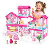 Casa delle Bambole a 3 Piani da Costruire per Bambine Set di Costruzione con Blocchi Bambola Cucciolo Mobili Accessori Casa delle Bambole Rosa Regalo di Compleanno/Natale per Bambine dai 6 7 8 9 10 11