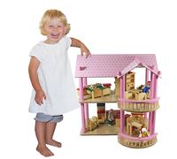 Casa delle bambole in legno | Casa delle bambole in legno con 2 piani | 4 bambole e mobili per bambole | Casetta giochi per bambini | Camera per bambole con mobili in legno e famiglia di bambole e