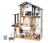 Casa delle bambole in legno, moderna villa cittadina con 49 cucchiaini set di mobili, parte anteriore aperta con 3 piani giocabili ed esterni