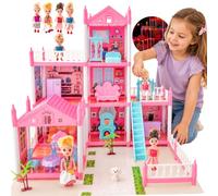 Casa delle bambole per bambine con luce, 4 bambole, tappetino da gioco e accessori per mobili, grande set da gioco per la casa delle bambole a più piani, giocattolo di ruolo, regalo per bambini dai 3