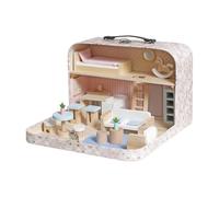 Casa delle bambole portatile in valigetta rosa - casa delle bambole da viaggio con 2 piani e molti accessori in legno - casetta da viaggio in colori pastello per bambini