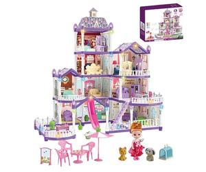 Casa delle bambole - Set di villa di assemblaggio in miniatura a 4 livelli e 13 camere | Include 3 principesse, 2 cuccioli e per mobili | Gioco di ruolo al coperto per ragazze da 4 a