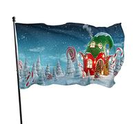 Casa delle fate Bandiera da giardino 3x5 FT Elfi Cappello Porta aperta Camino Foresta magica Caramelle Neve Poliestere Cortile Bandiere Casa Patio Prato Banner di auguri per interni ed esterni