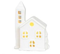 Casa di Natale in ceramica bianca, con illuminazione a LED, statuette in ceramica per edificio villaggio invernale, decorazione rustica per casa e tavolo (stile 1)
