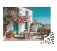 Casa in stile greco Puzzle 1000Pcs Ta e sedie in legno sulla terrazza Decorazione Per La Casa. Rilassamento E Intelligence Per Adulti E Bambini Da 14 Anni 70x50cm/1000pcs